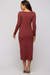 Rust Ribbed Long Sleeve Wrap Maternity Midi Dress