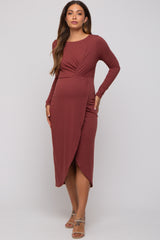 Rust Ribbed Long Sleeve Wrap Maternity Midi Dress