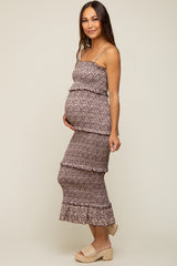 Brown Floral Smocked Ruffle Tier Maternity Midi Dress