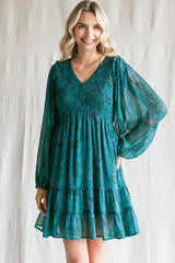 Teal Printed Smocked Long Sleeve Maternity Dress