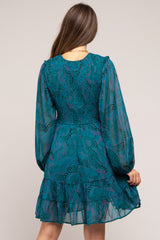 Teal Printed Smocked Long Sleeve Maternity Dress