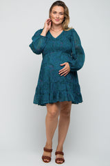 Teal Printed Smocked Long Sleeve Maternity Plus Dress