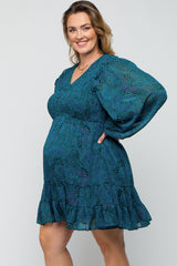 Teal Printed Smocked Long Sleeve Maternity Plus Dress