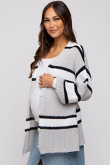 Grey Striped Button Up Maternity Cardigan