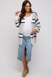 Grey Striped Button Up Maternity Cardigan