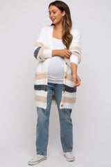 White Striped Eyelash Knit Button Front Maternity Cardigan