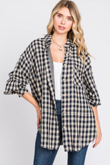 Black Mixed Plaid Fringe Button Down Top