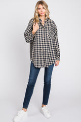 Black Mixed Plaid Fringe Button Down Top