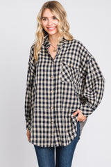 Black Mixed Plaid Fringe Button Down Top