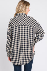 Black Mixed Plaid Fringe Button Down Top