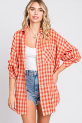 Orange Mixed Plaid Fringe Maternity Button Down Top