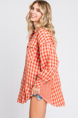 Orange Mixed Plaid Fringe Button Down Top