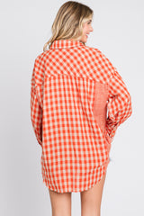 Orange Mixed Plaid Fringe Button Down Top