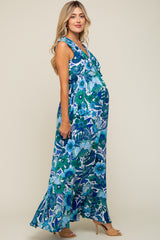 Blue Floral Ruffle Accent Sleeveless Maternity Maxi Dress