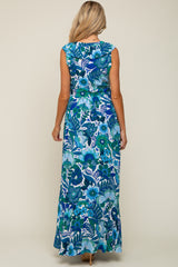 Blue Floral Ruffle Accent Sleeveless Maternity Maxi Dress