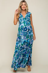 Blue Floral Ruffle Accent Sleeveless Maternity Maxi Dress