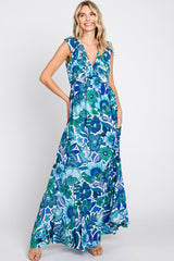 Blue Floral Ruffle Accent Sleeveless Maternity Maxi Dress