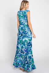 Blue Floral Ruffle Accent Sleeveless Maxi Dress