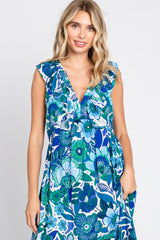 Blue Floral Ruffle Accent Sleeveless Maxi Dress