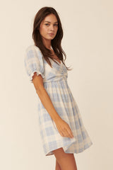 Powder Blue Plaid Sweetheart Ruched Short Sleeve Mini Dress