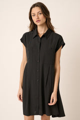 Black Pleat Detail Front Oversize Shirt Mini Dress