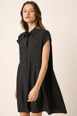 Black Pleat Detail Front Oversize Shirt Mini Dress