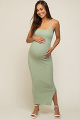 Light Olive Textured Ribbed Square Neck Criss Cross Back Maternity Midi Dress