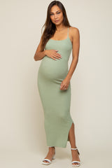 Light Olive Textured Ribbed Square Neck Criss Cross Back Maternity Midi Dress