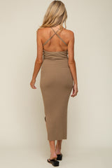 Beige Textured Ribbed Square Neck Criss Cross Back Maternity Midi Dress