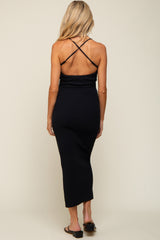 Black Textured Ribbed Square Neck Criss Cross Back Maternity Midi Dress