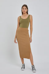 Camel Ribbed Fitted Side Slit Maternity Midi Skirt