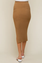 Camel Ribbed Fitted Side Slit Maternity Midi Skirt