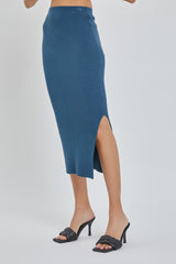 Teal Ribbed Fitted Side Slit Midi Skirt