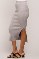 Heather Grey Ribbed Fitted Side Slit Midi Skirt