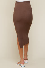 Brown Ribbed Fitted Side Slit Maternity Midi Skirt