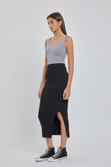 Black Ribbed Fitted Side Slit Midi Skirt