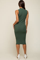 Green Ribbed Fitted Mock Neck Maternity Dress