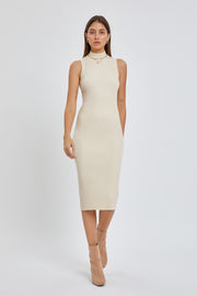 Beige Ribbed Fitted Mock Neck Dress