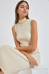 Beige Ribbed Fitted Mock Neck Dress