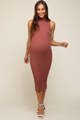 Mauve Ribbed Fitted Mock Neck Maternity Dress