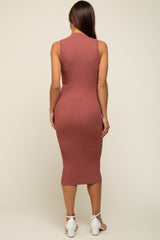 Mauve Ribbed Fitted Mock Neck Maternity Dress