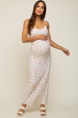 Cream Floral Ribbed Maternity Maxi Dress