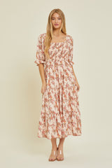 Peach Floral Smocked Tiered Maxi Dress