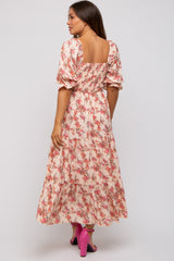 Peach Floral Smocked Tiered Maternity Maxi Dress