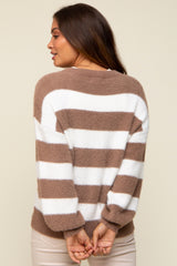 Mocha Fuzzy Soft Striped Maternity Sweater