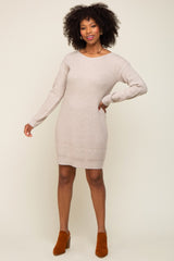 Beige Cutout Back Satin Tie Sweater Dress