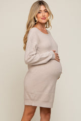 Beige Cutout Back Satin Tie Maternity Sweater Dress