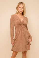 Mocha Fuzzy Knit Ruched V-Neck Long Sleeve Dress