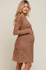 Mocha Fuzzy Knit Ruched V-Neck Long Sleeve Maternity Dress