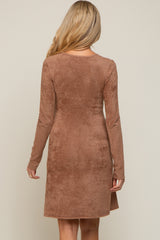 Mocha Fuzzy Knit Ruched V-Neck Long Sleeve Maternity Dress